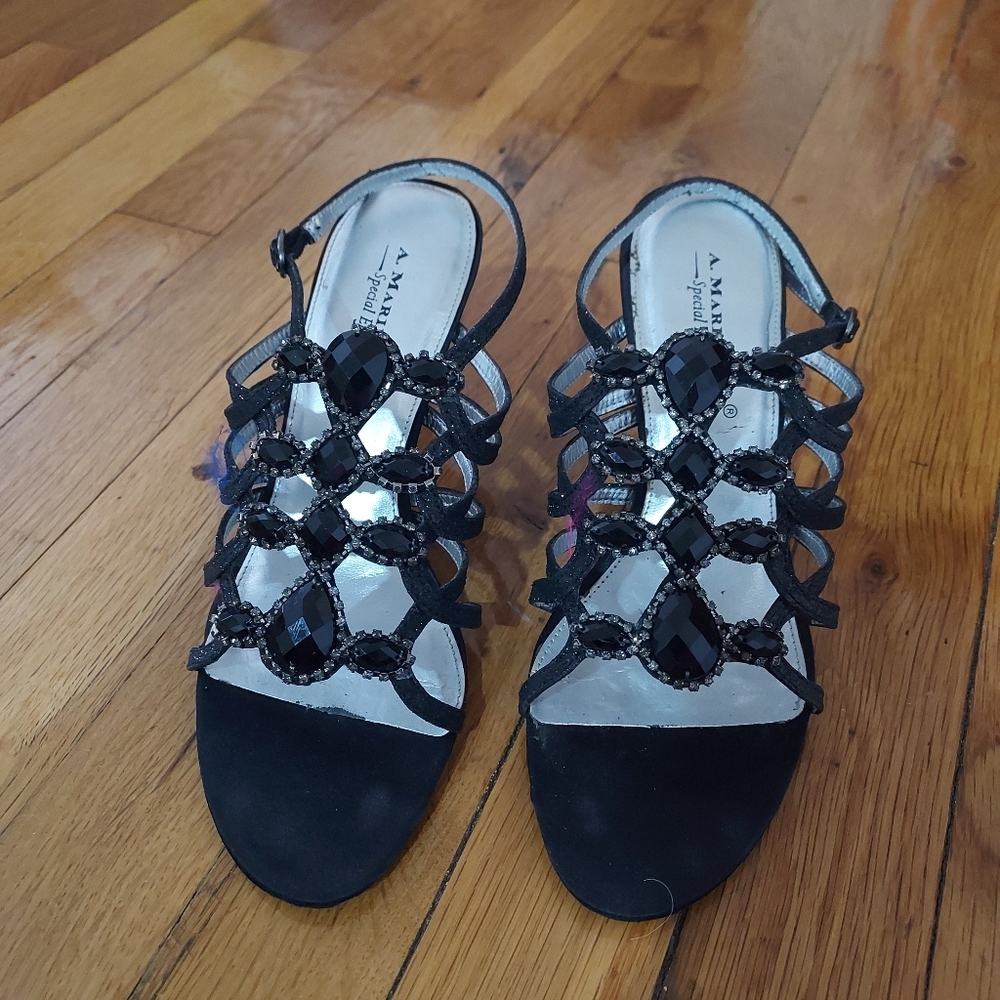 Black satin, silver shimmer dress shoes